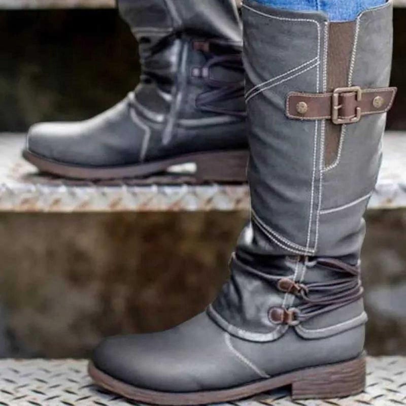 woobles Women's Vintage Leather Zipper High Snow Boots, Fashion Large Size Boots Women Autumn Long Tube Zipper Low Heeled Shoes Boots Pointed Boots Knight Boots - Image 1